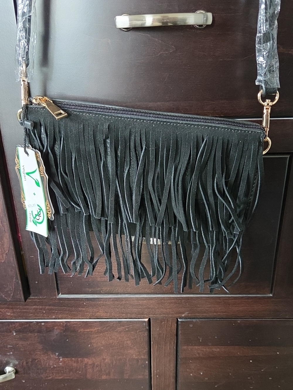 Alyssa Black Faux Leather Fringe Crossbody Pouch Bag NWT
